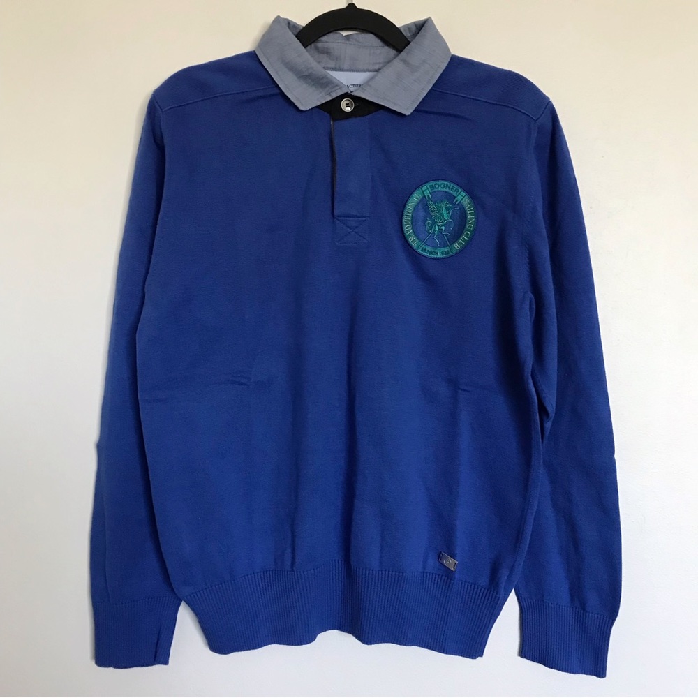 Bogner Blue Giza Cotton Rugby Sweater Men’s Medium Collared Chest Patch Sailing